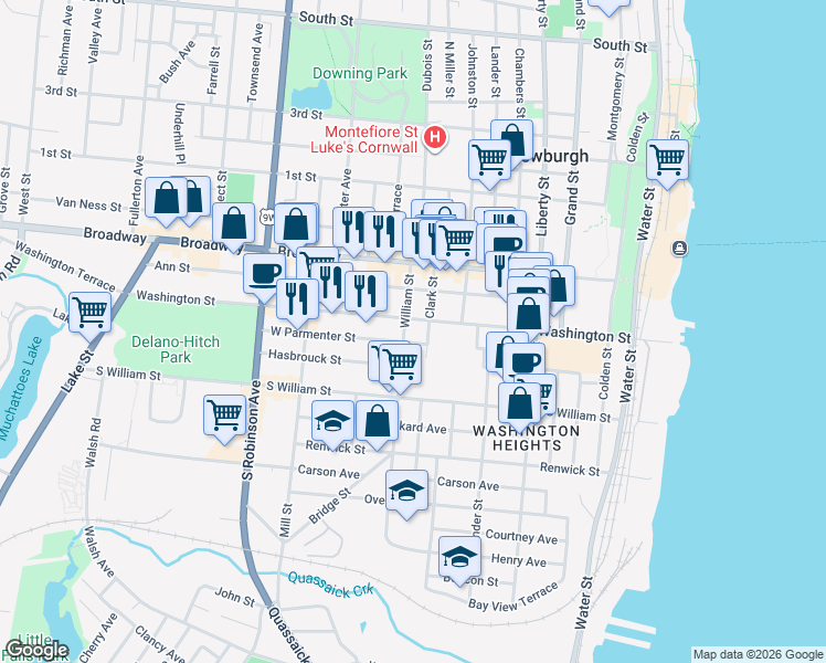 map of restaurants, bars, coffee shops, grocery stores, and more near 191 Washington Street in Newburgh