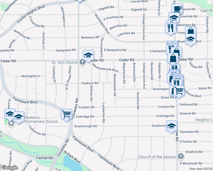 map of restaurants, bars, coffee shops, grocery stores, and more near 2220 Kerrwood Road in Cleveland Heights