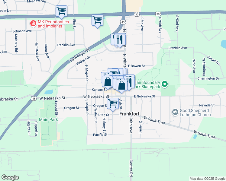 map of restaurants, bars, coffee shops, grocery stores, and more near 22 Elwood Street in Frankfort
