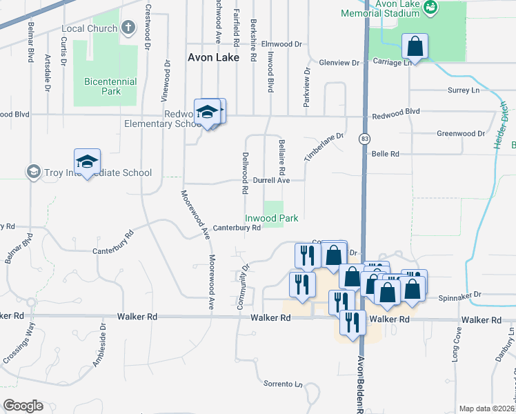 map of restaurants, bars, coffee shops, grocery stores, and more near 345 Dellwood Road in Avon Lake