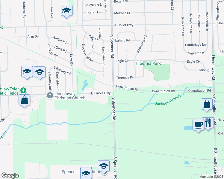 map of restaurants, bars, coffee shops, grocery stores, and more near 845 South Spencer Road in New Lenox