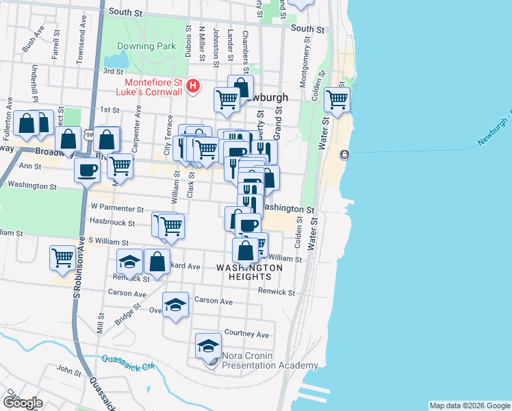map of restaurants, bars, coffee shops, grocery stores, and more near 119 Broadway in Newburgh