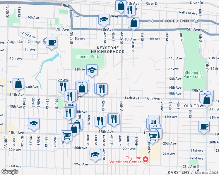 map of restaurants, bars, coffee shops, grocery stores, and more near 1308 43rd Street in Rock Island