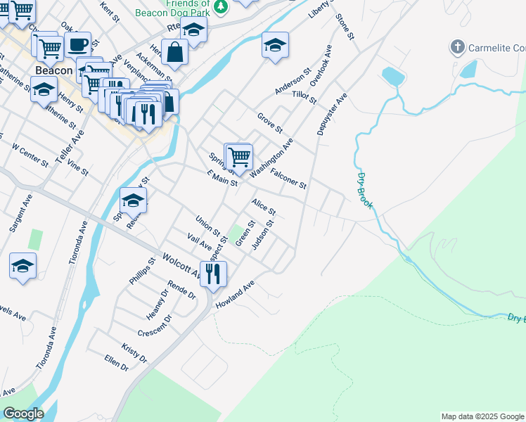 map of restaurants, bars, coffee shops, grocery stores, and more near 19 Alice Street in Beacon