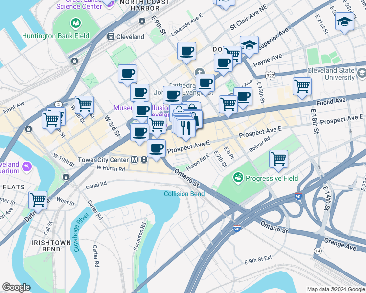 map of restaurants, bars, coffee shops, grocery stores, and more near 2086 East 4th Street in Cleveland