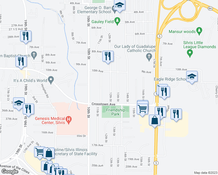 map of restaurants, bars, coffee shops, grocery stores, and more near 1120 12th Street in Silvis