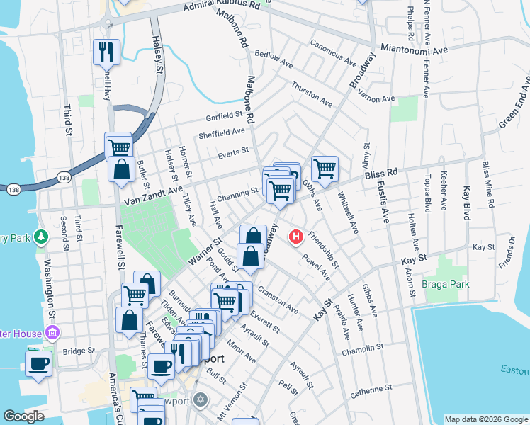 map of restaurants, bars, coffee shops, grocery stores, and more near 4 Record Street in Newport