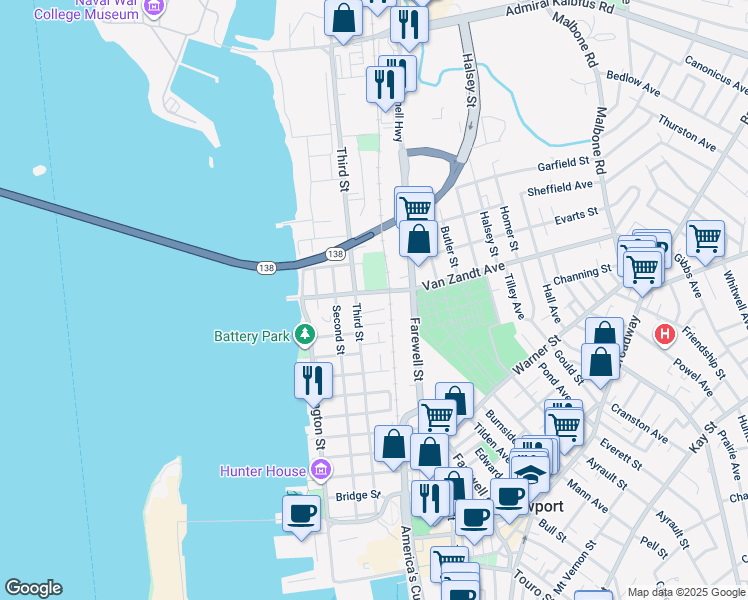 map of restaurants, bars, coffee shops, grocery stores, and more near 99 3rd Street in Newport