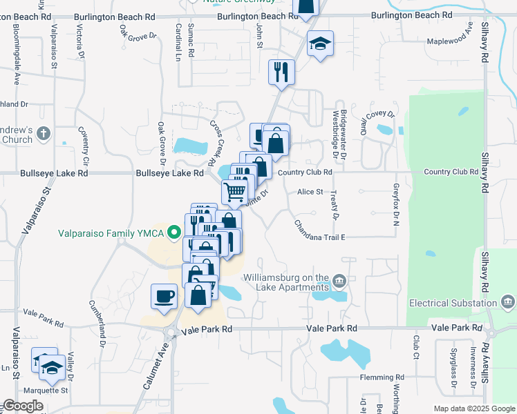 map of restaurants, bars, coffee shops, grocery stores, and more near 1700 Pointe Drive in Valparaiso