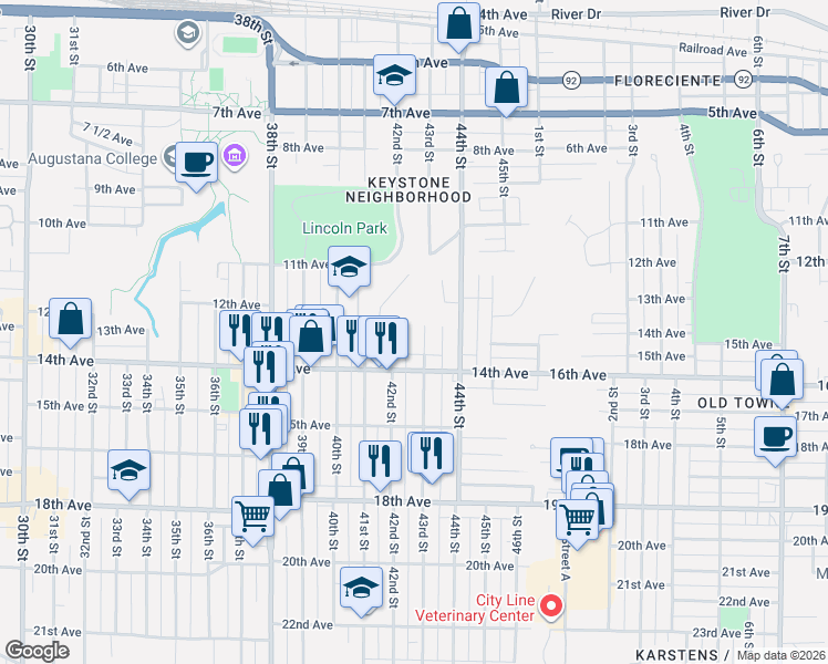map of restaurants, bars, coffee shops, grocery stores, and more near 1300 43rd Street in Rock Island