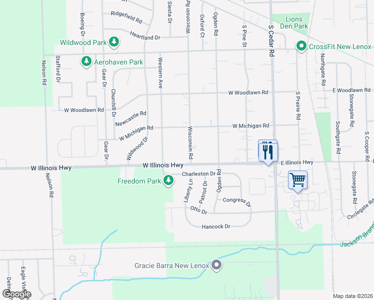 map of restaurants, bars, coffee shops, grocery stores, and more near 933 Wisconsin Road in New Lenox