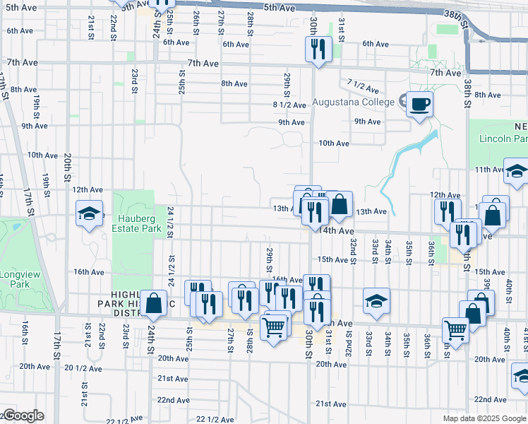 map of restaurants, bars, coffee shops, grocery stores, and more near 2912 13th Avenue in Rock Island