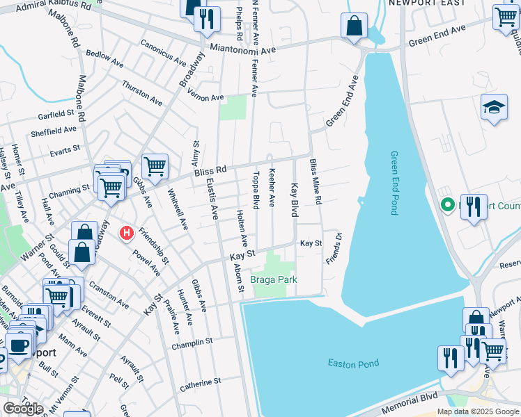 map of restaurants, bars, coffee shops, grocery stores, and more near 30 Toppa Boulevard in Newport