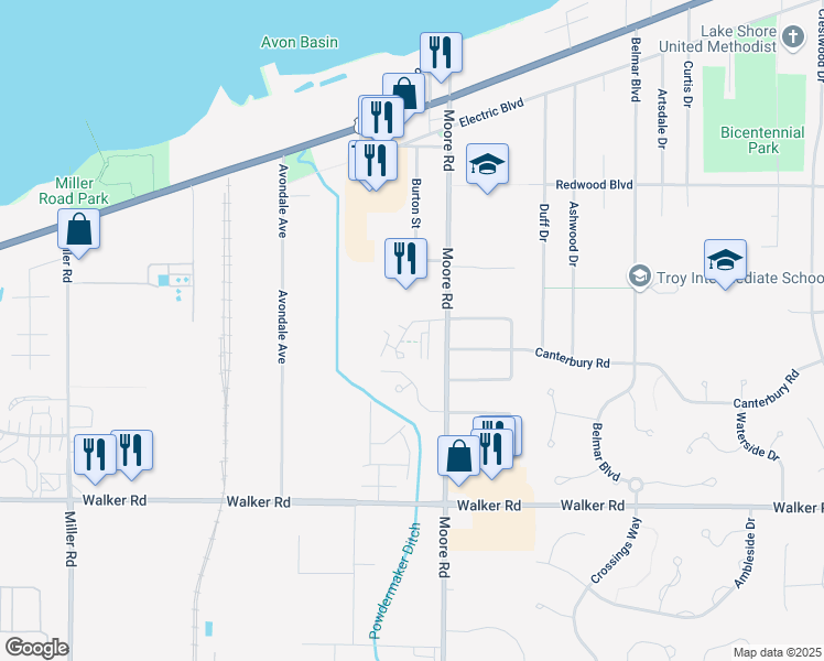 map of restaurants, bars, coffee shops, grocery stores, and more near 180 Somerset Lane in Avon Lake