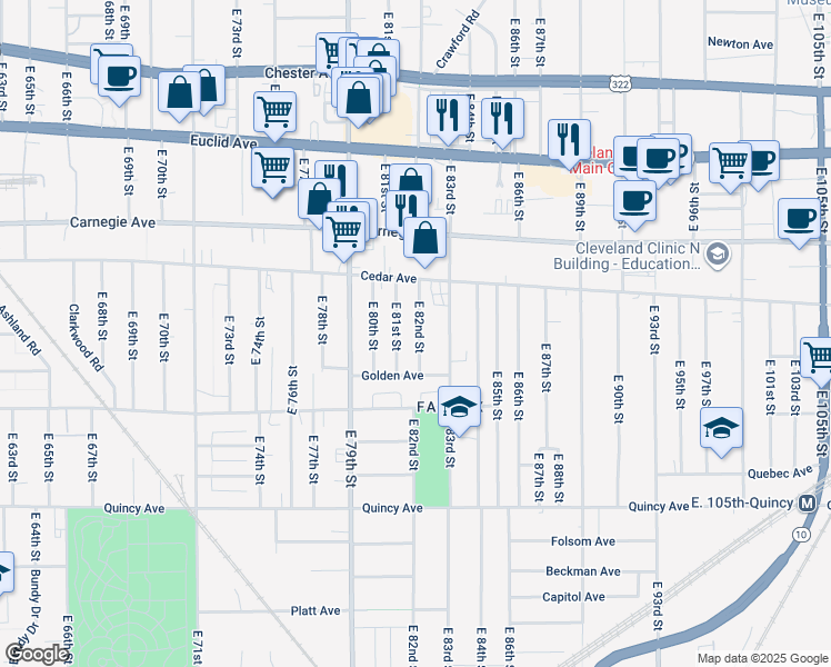 map of restaurants, bars, coffee shops, grocery stores, and more near 2197 East 81st Street in Cleveland