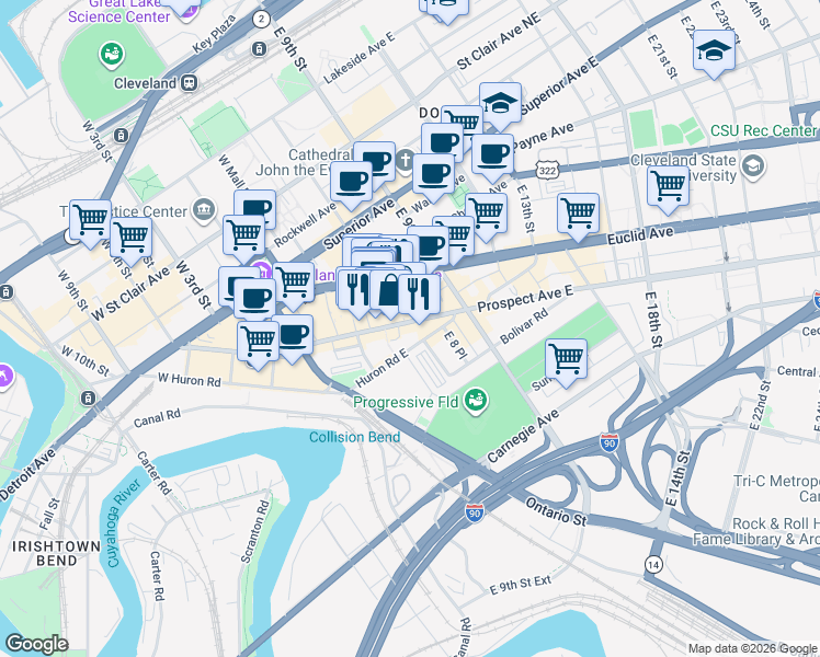 map of restaurants, bars, coffee shops, grocery stores, and more near 700 Prospect Avenue East in Cleveland