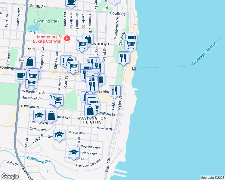 map of restaurants, bars, coffee shops, grocery stores, and more near 36 Washington Street in Newburgh