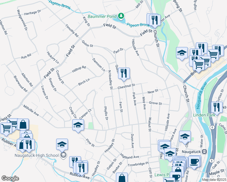 map of restaurants, bars, coffee shops, grocery stores, and more near 101 Chestnut Street in Naugatuck