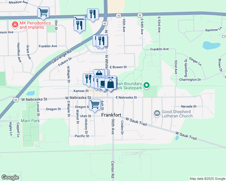 map of restaurants, bars, coffee shops, grocery stores, and more near 13 White Street in Frankfort