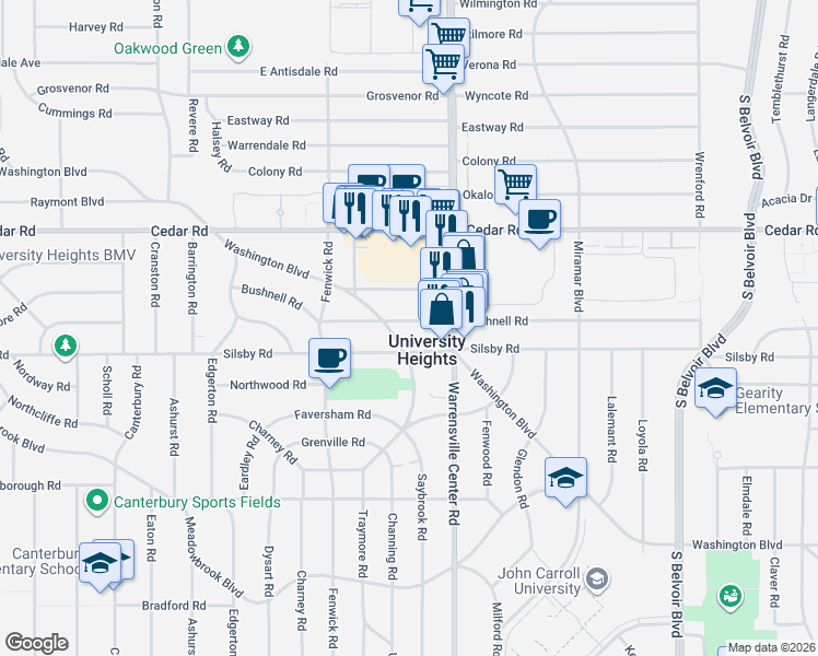 map of restaurants, bars, coffee shops, grocery stores, and more near 3933 Bushnell Road in University Heights