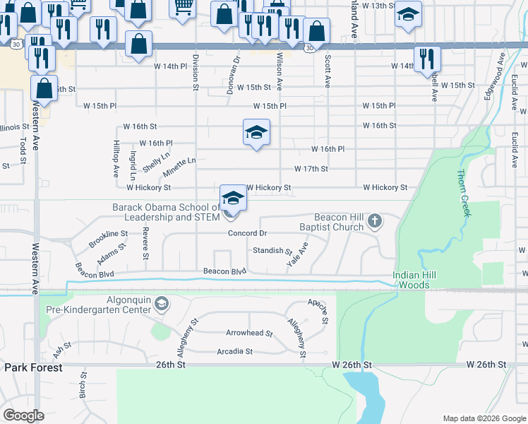 map of restaurants, bars, coffee shops, grocery stores, and more near 363 Boston Street North in Chicago Heights