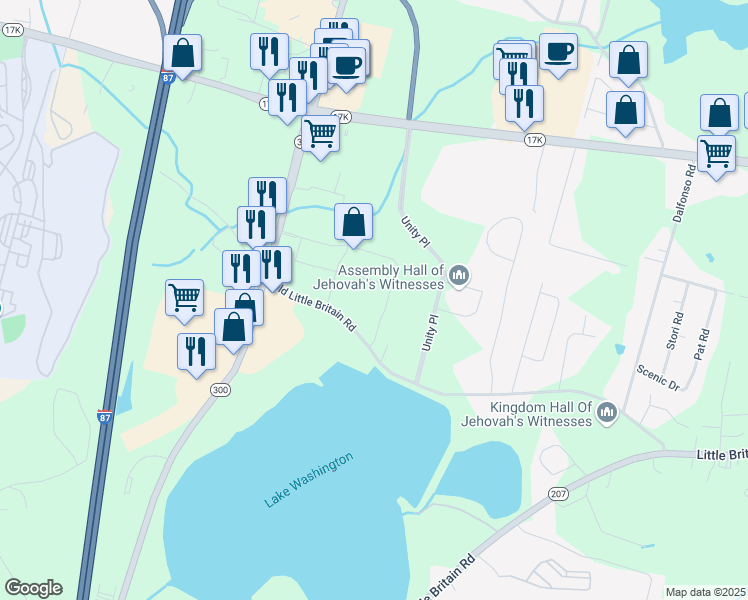 map of restaurants, bars, coffee shops, grocery stores, and more near 150 Old Little Britain Road in Newburgh