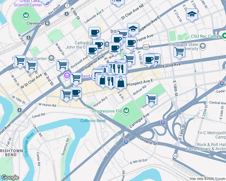 map of restaurants, bars, coffee shops, grocery stores, and more near 750 Prospect Avenue East in Cleveland