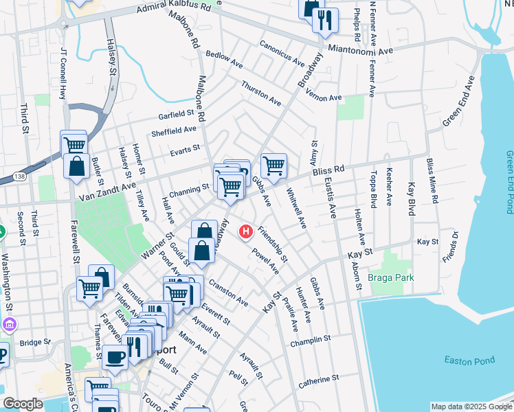 map of restaurants, bars, coffee shops, grocery stores, and more near 10 Bliss Road in Newport