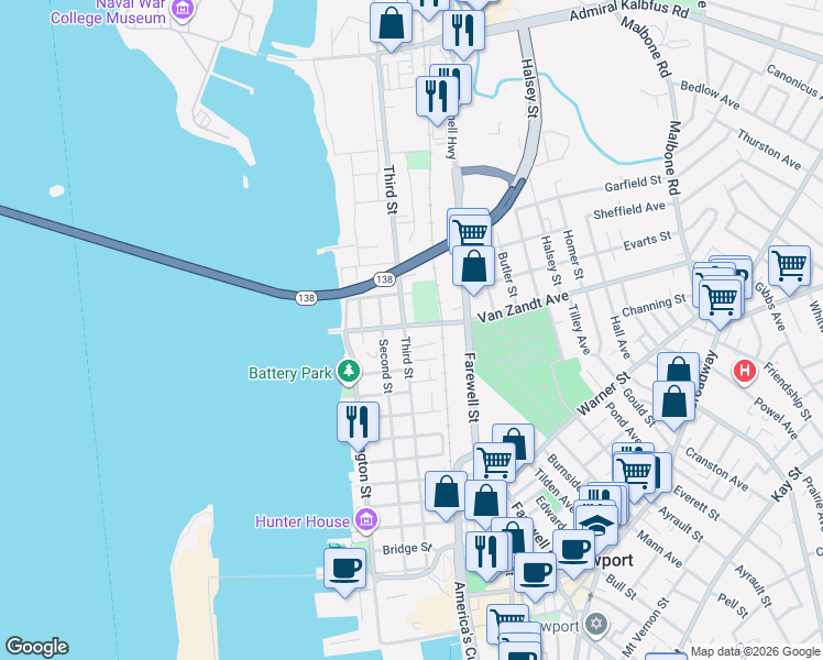 map of restaurants, bars, coffee shops, grocery stores, and more near 99 3rd Street in Newport