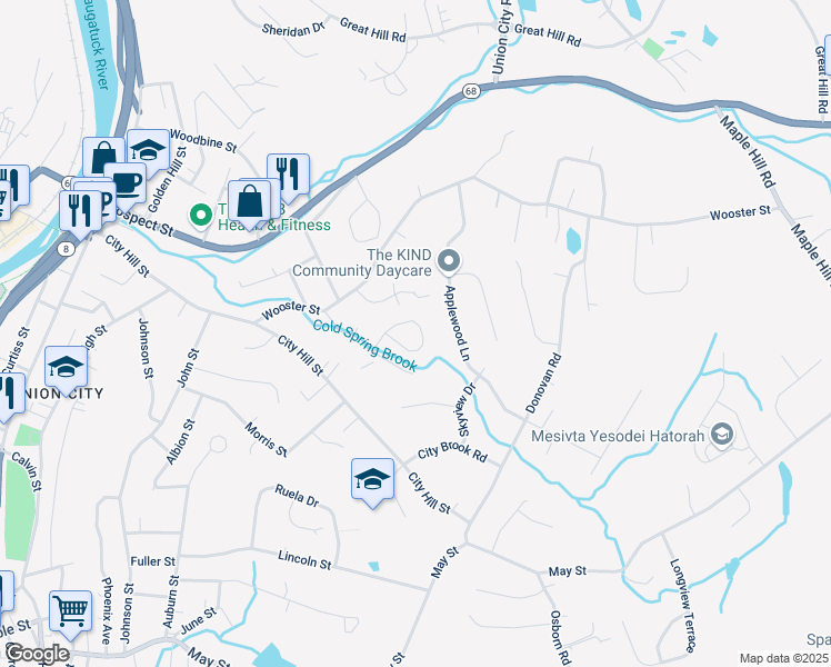map of restaurants, bars, coffee shops, grocery stores, and more near 45 Cold Spring Circle in Naugatuck