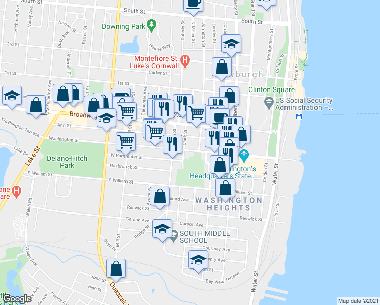 map of restaurants, bars, coffee shops, grocery stores, and more near 158 Washington Street in Newburgh