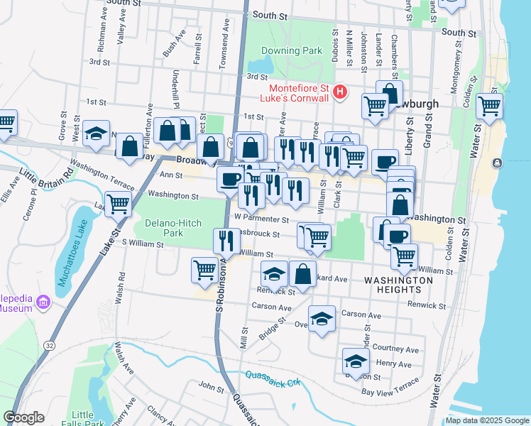 map of restaurants, bars, coffee shops, grocery stores, and more near 257 Washington Street in Newburgh