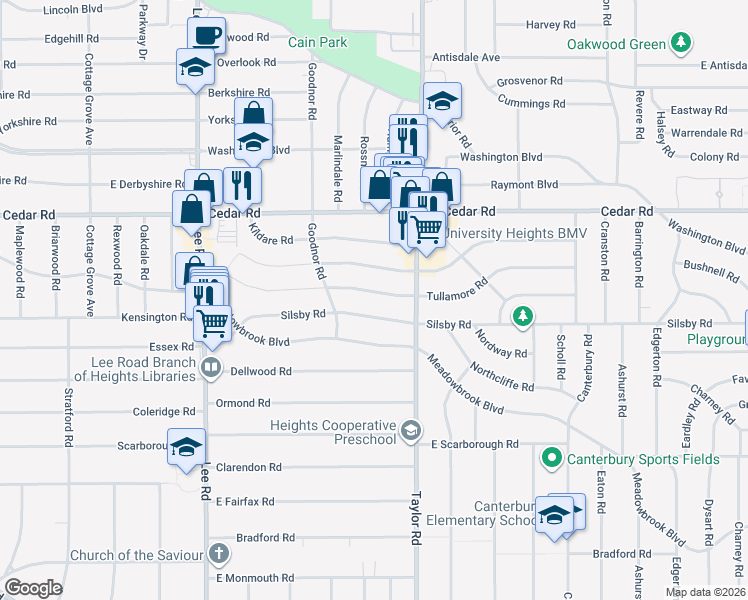 map of restaurants, bars, coffee shops, grocery stores, and more near 3391 Tullamore Road in Cleveland Heights