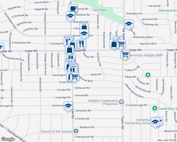 map of restaurants, bars, coffee shops, grocery stores, and more near 3267 Tullamore Road in Cleveland Heights