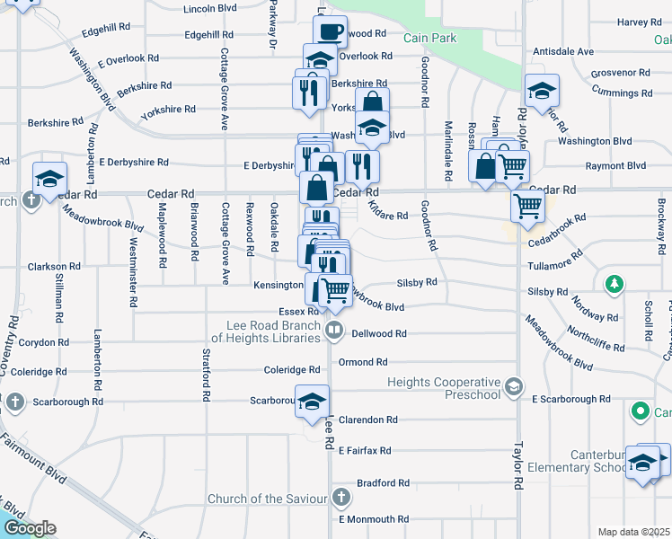 map of restaurants, bars, coffee shops, grocery stores, and more near 2230 Lee Road in Cleveland Heights