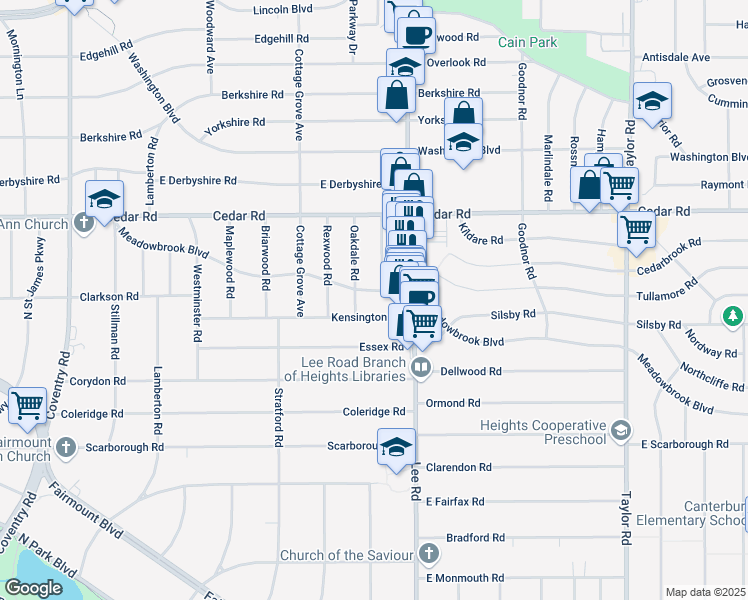 map of restaurants, bars, coffee shops, grocery stores, and more near 3145 Meadowbrook Boulevard in Cleveland Heights