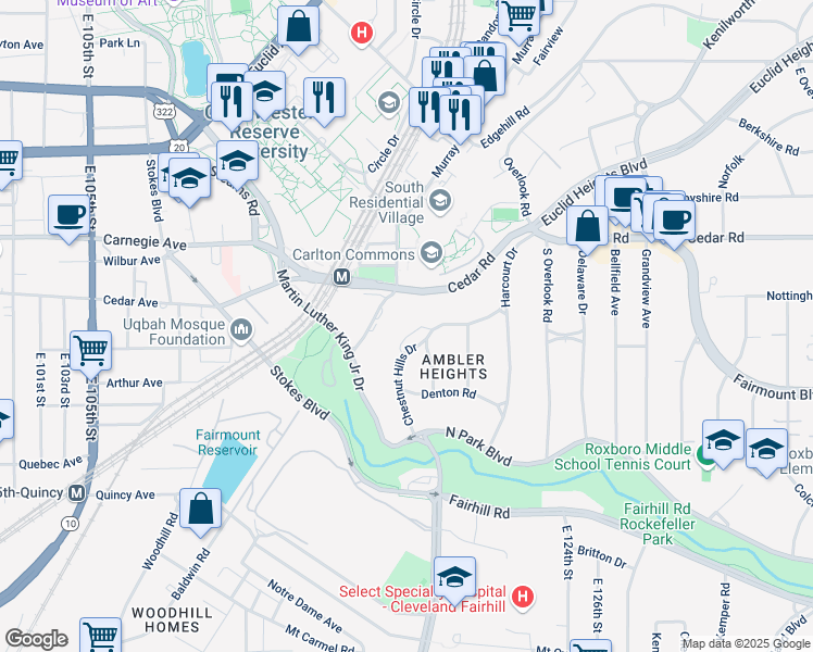 map of restaurants, bars, coffee shops, grocery stores, and more near 1801 Chestnut Hills Drive in Cleveland Heights