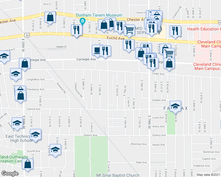 map of restaurants, bars, coffee shops, grocery stores, and more near 2199 East 71st Street in Cleveland
