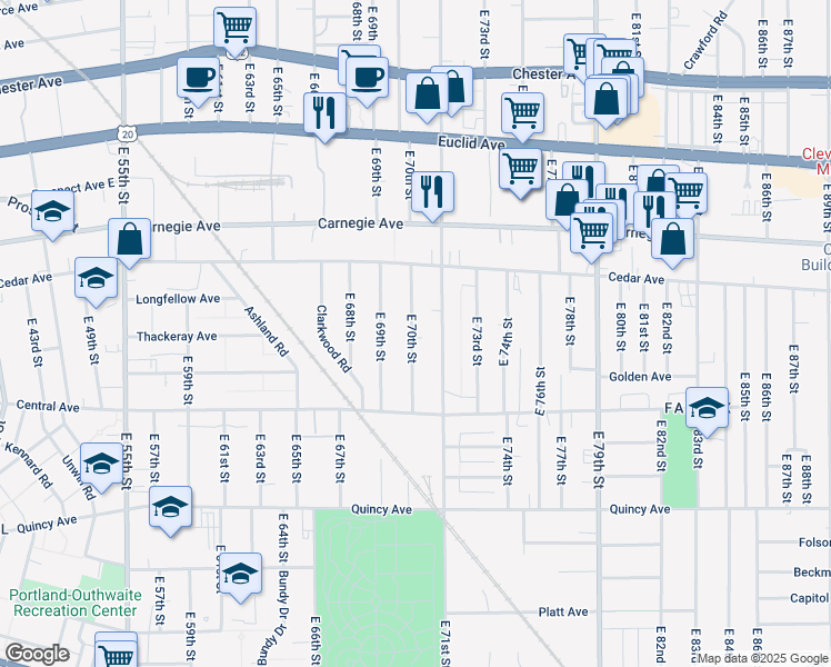 map of restaurants, bars, coffee shops, grocery stores, and more near 2201 East 70th Street in Cleveland