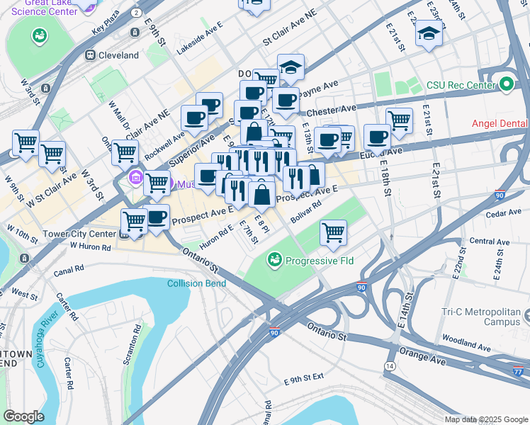 map of restaurants, bars, coffee shops, grocery stores, and more near 2017 East 9th Street in Cleveland