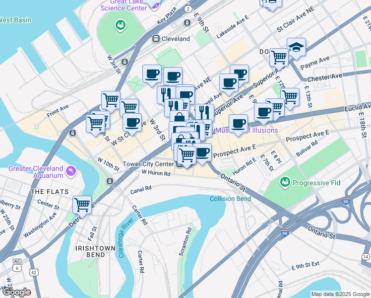 map of restaurants, bars, coffee shops, grocery stores, and more near in Cleveland