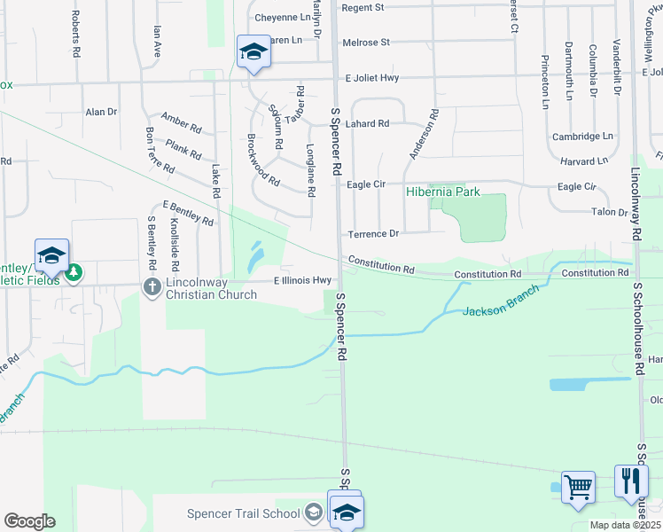 map of restaurants, bars, coffee shops, grocery stores, and more near 845 South Spencer Road in New Lenox