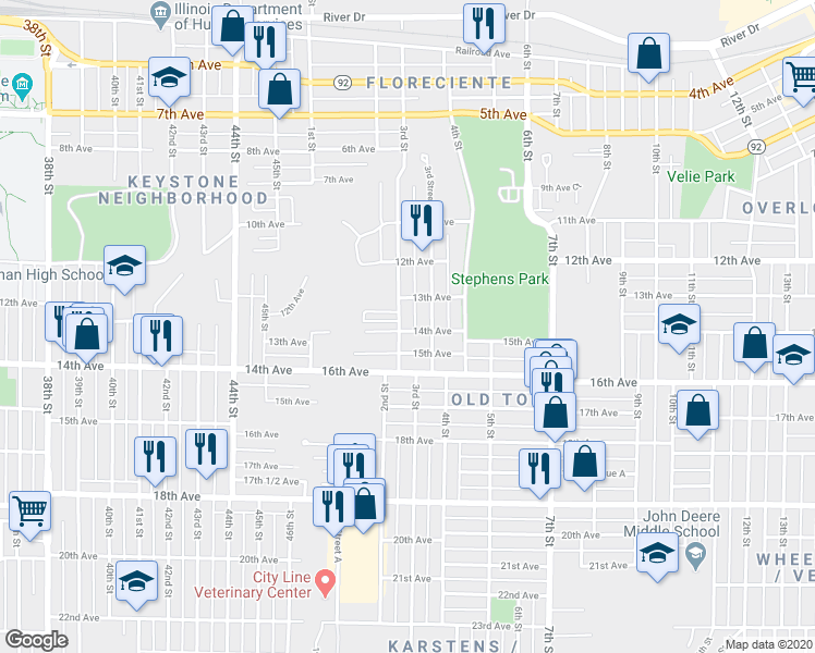map of restaurants, bars, coffee shops, grocery stores, and more near 232 13th Avenue in Moline