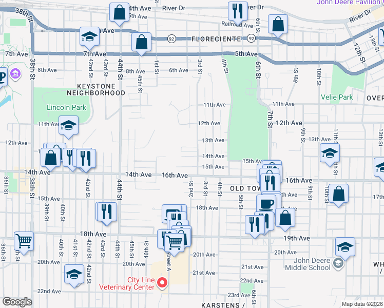 map of restaurants, bars, coffee shops, grocery stores, and more near 232 13th Avenue in Moline