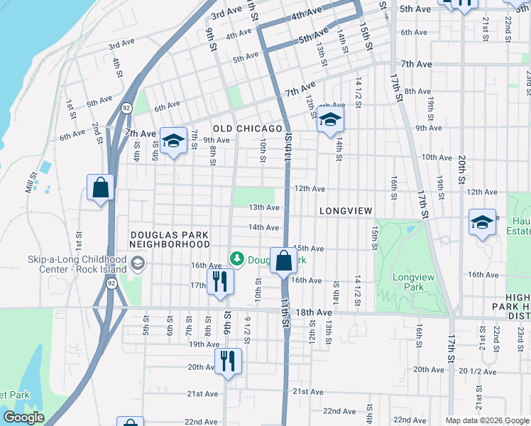 map of restaurants, bars, coffee shops, grocery stores, and more near 1019 13th Ave in Rock Island