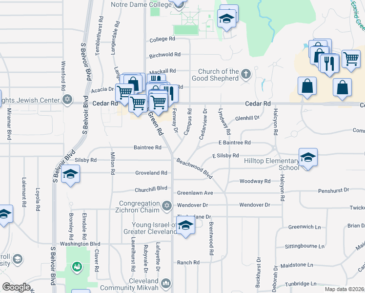 map of restaurants, bars, coffee shops, grocery stores, and more near 2183 Campus Road in Beachwood