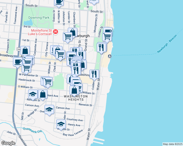 map of restaurants, bars, coffee shops, grocery stores, and more near 20 Washington Street in Newburgh
