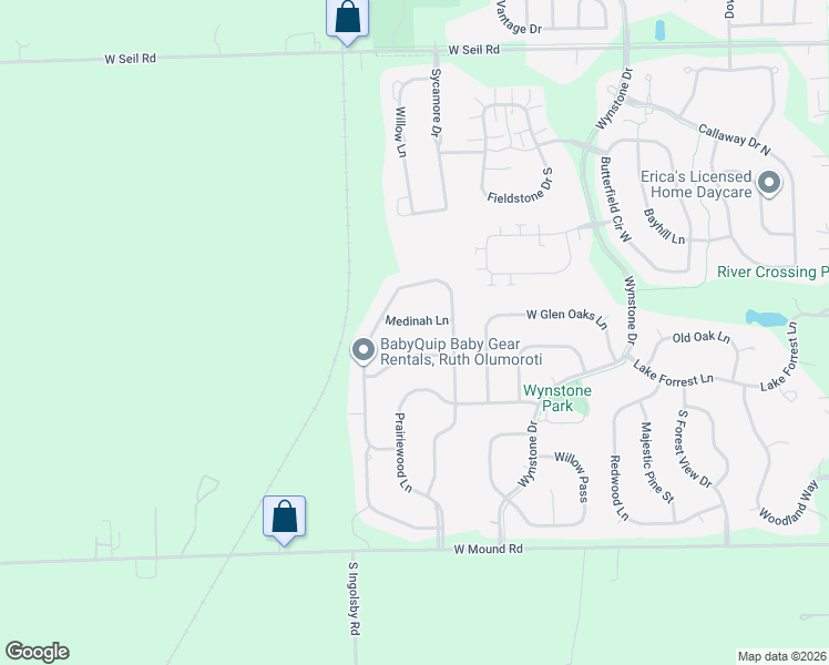map of restaurants, bars, coffee shops, grocery stores, and more near 25436 Medinah Lane in Shorewood