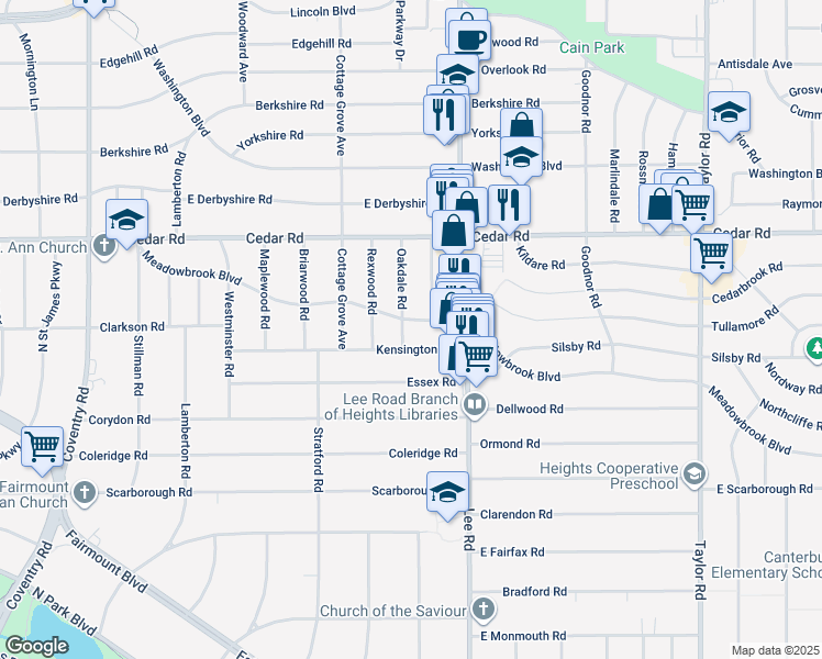 map of restaurants, bars, coffee shops, grocery stores, and more near 3145 Meadowbrook Boulevard in Cleveland Heights