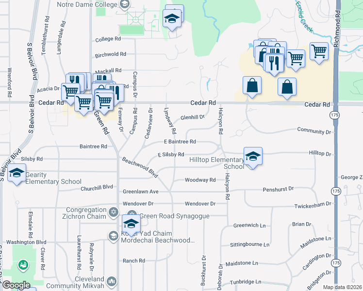 map of restaurants, bars, coffee shops, grocery stores, and more near 23709 East Baintree Road in Beachwood